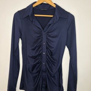 Fashion Nova Navy Ruched Button-Down Shirt